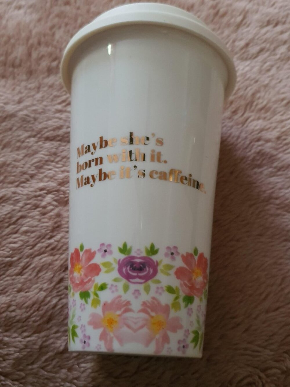 Charming Charlie Coffee Tumbler Ceramic White/w Flowers Border and Silicone Lid
